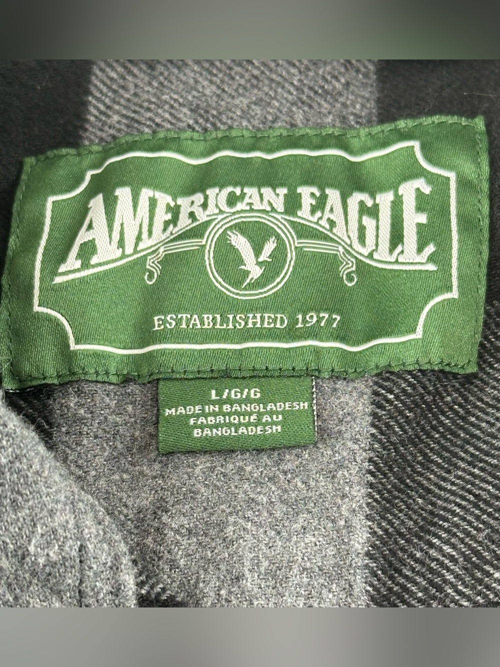 Vintage American Eagle Mens L Buffalo Plaid Flannel Shirt Black Gray 100% Cotton - Picture 3 of 9